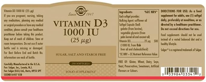 Solgar Vitamin D3 1,000 IU (25&mu;g) softgels (250) - directions