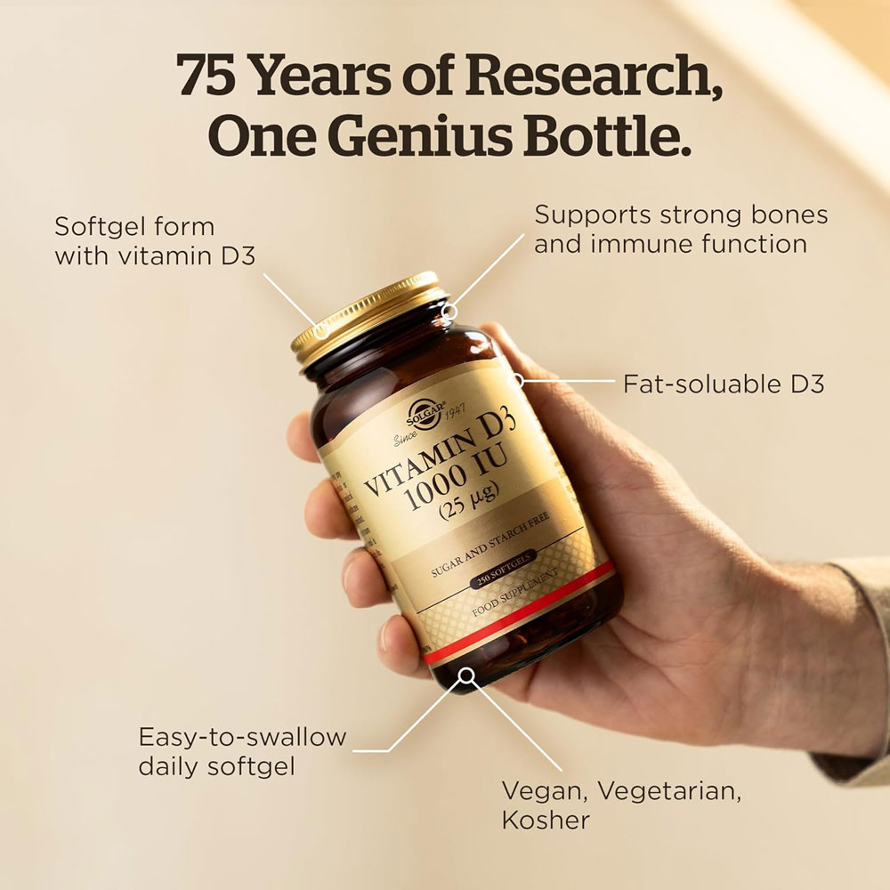 Solgar Vitamin D3 1,000 IU (25&mu;g) softgels (250) - features