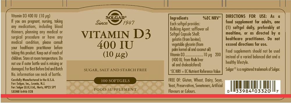 Solgar Vitamin D3 400 IU (10&mu;g) softgels - directions