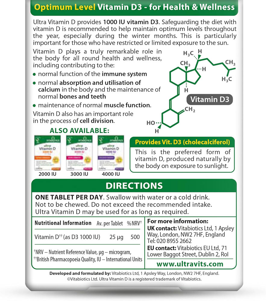Vitabiotics Ultra Vitamin D 1,000 IU tablets (96) - directions