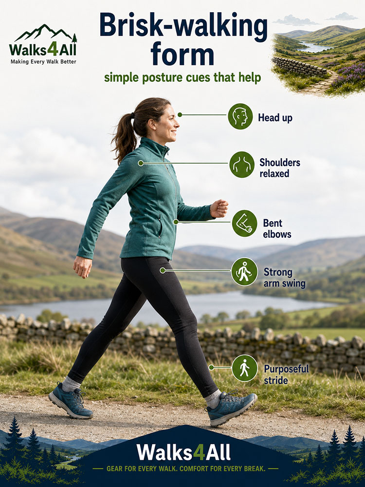 Side view of brisk-walking form for Japanese walking, with cues for head up, relaxed shoulders, bent elbows, strong arm swing and purposeful stride.