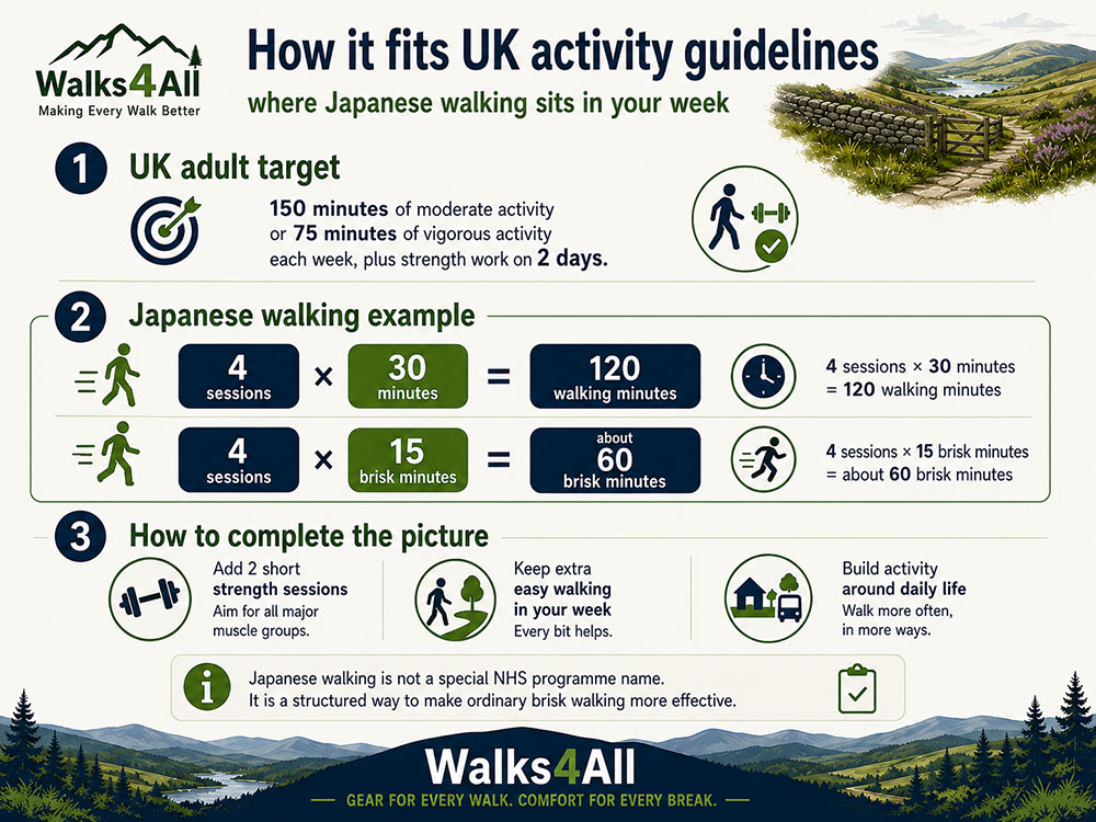 Infographic showing how four 30-minute Japanese walking sessions plus two strength sessions can fit the UK adult physical activity guidelines.