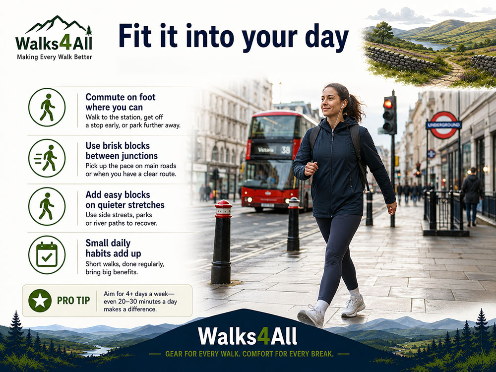 Woman brisk-walking during a UK commute, showing how Japanese walking intervals can fit into daily journeys and short active breaks.