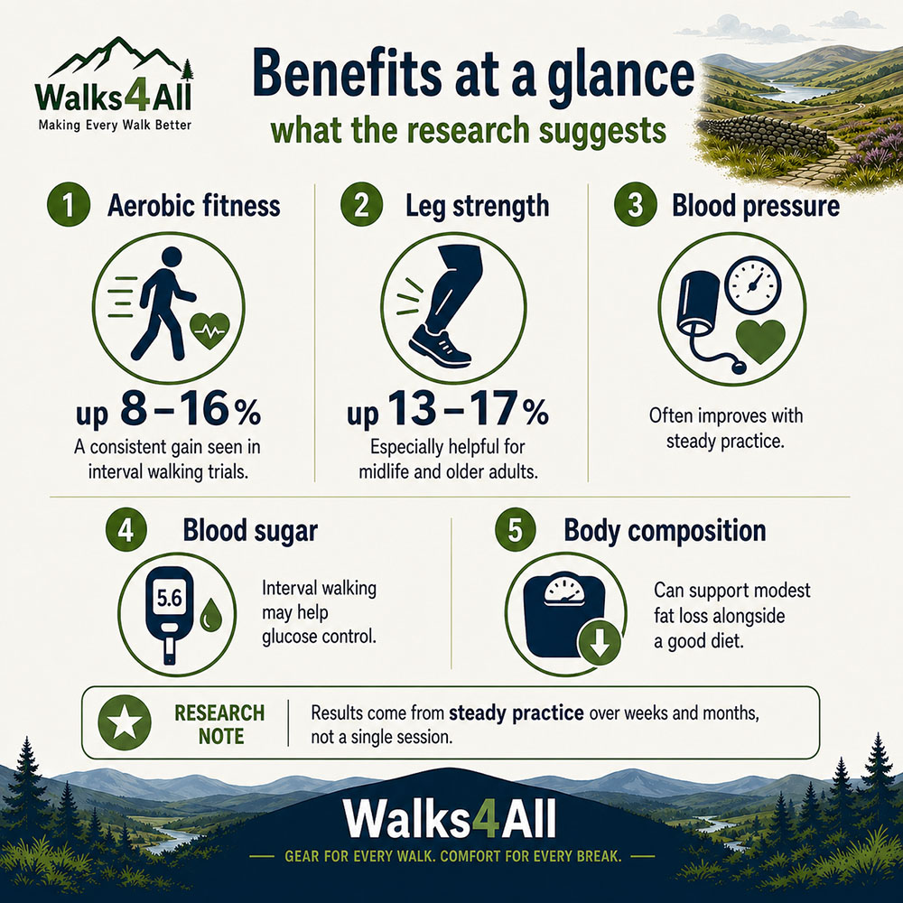 Evidence summary infographic for Japanese walking showing gains in aerobic fitness, leg strength, blood pressure, blood sugar and body composition from interval walking trials.
