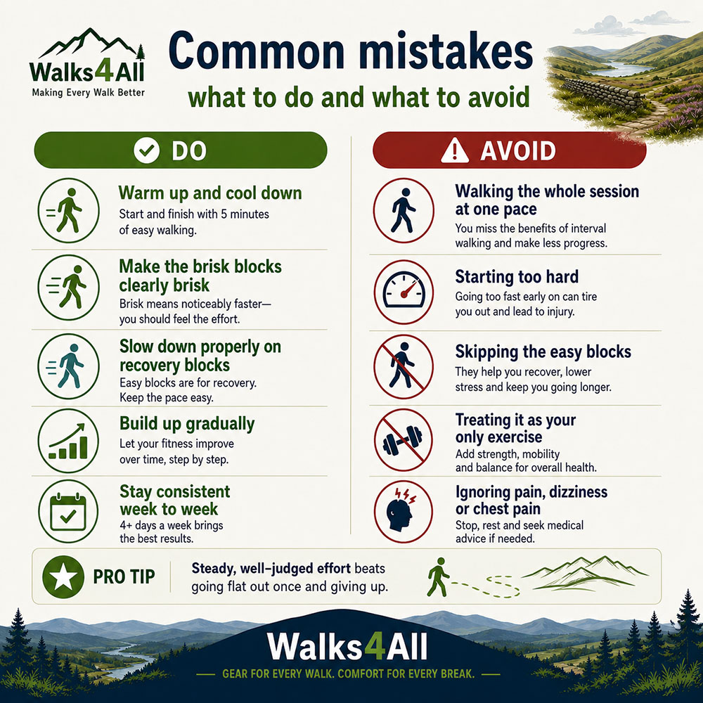 Do and avoid infographic for Japanese walking, advising warm-up, clear brisk blocks, proper recovery, gradual progress and consistency while avoiding over-hard starts.