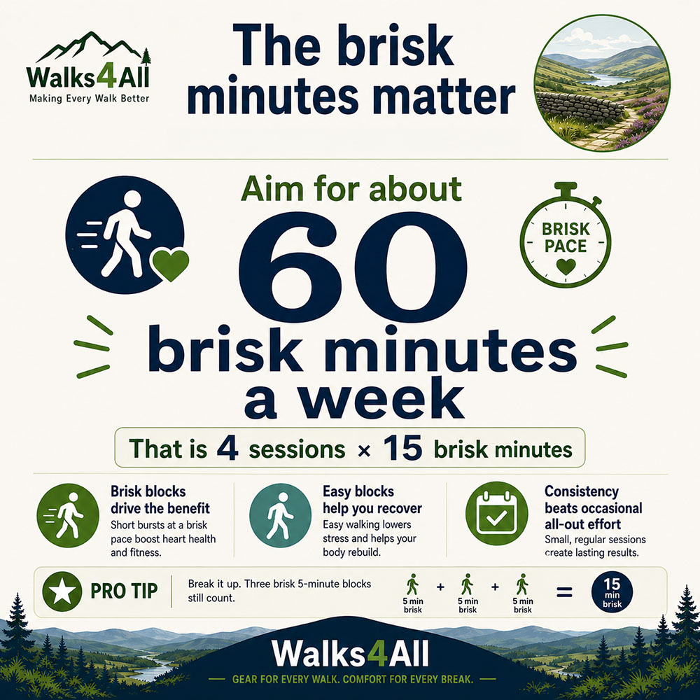 Social stat card for Japanese walking highlighting a weekly target of about 60 brisk minutes, made up of four sessions with 15 brisk minutes each.