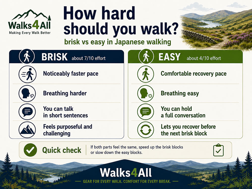 Japanese walking intensity guide comparing brisk blocks at about 7 out of 10 effort with easy recovery blocks at about 4 out of 10 effort.