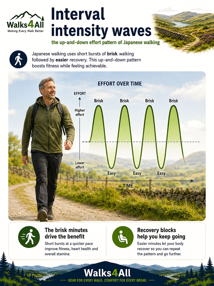 Hybrid image of a walker with an effort-over-time graph showing the repeated up-and-down intensity waves of Japanese walking intervals.
