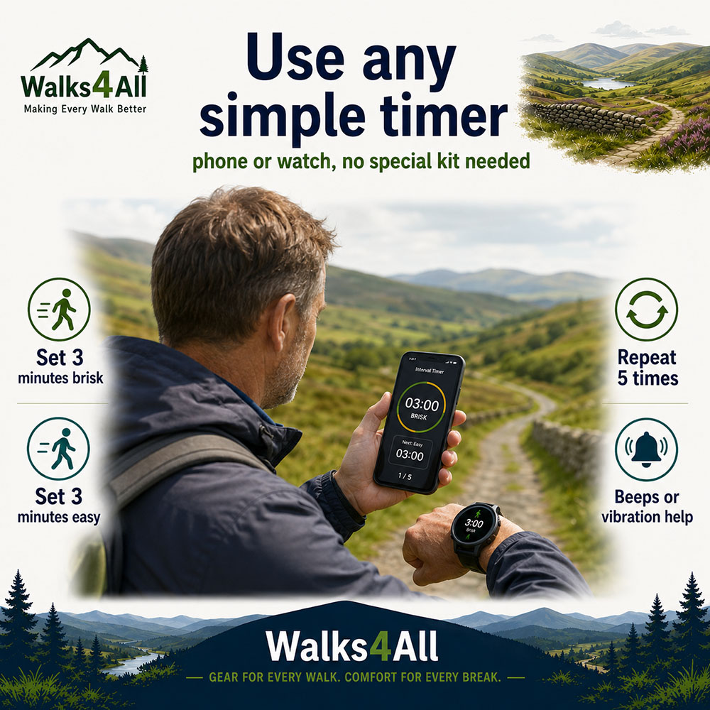 Walker using a phone and watch interval timer for Japanese walking, with 3 minutes brisk and 3 minutes easy shown on screen.