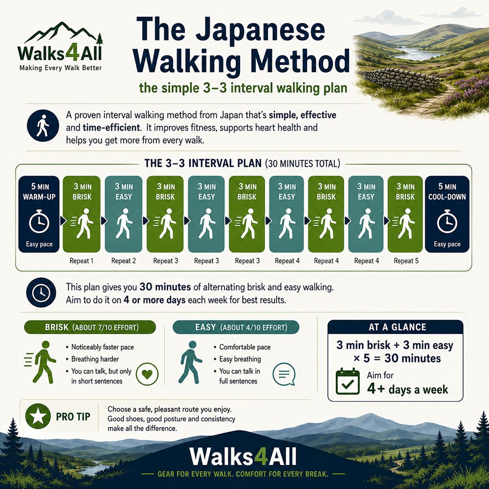 Infographic explaining the Japanese walking method: 3 minutes brisk, 3 minutes easy, repeated five times, with warm-up, cool-down and four or more weekly sessions.