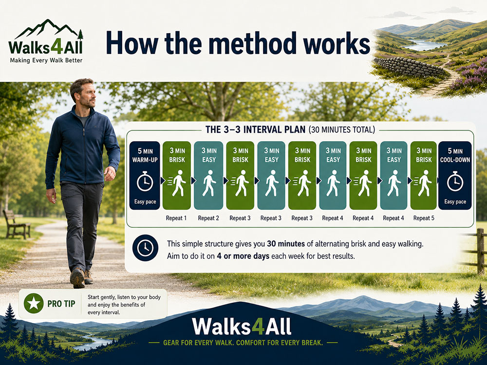 Hybrid photo and infographic showing a walker with an interval timeline for the Japanese walking method: warm-up, 3 minutes brisk, 3 minutes easy and cool-down.