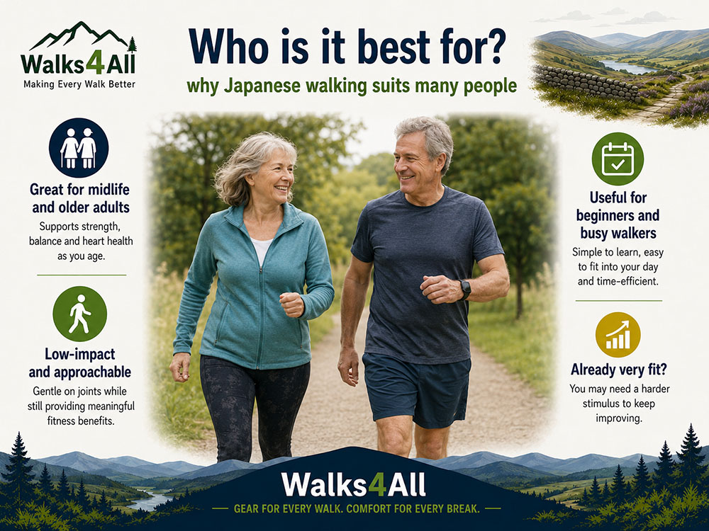 Older couple walking together in a park, illustrating why Japanese walking can suit midlife and older adults, beginners and busy walkers.