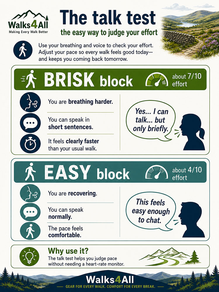 Talk test infographic for Japanese walking showing short sentences during brisk blocks and normal conversation during easy recovery blocks.