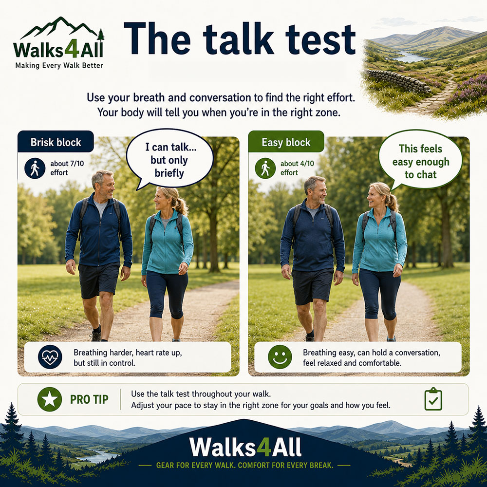Two walkers with speech bubbles showing the Japanese walking talk test: only brief words during brisk effort and easy chat during recovery.
