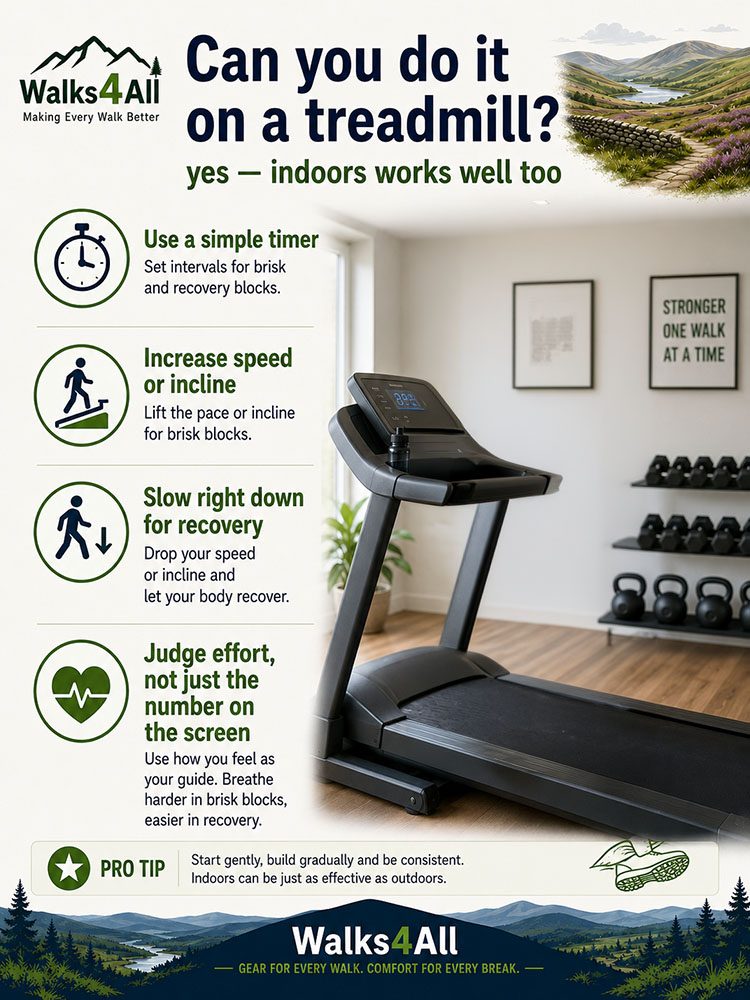 Man doing Japanese walking intervals on a treadmill, checking his watch and using speed or incline to create brisk and recovery blocks indoors.