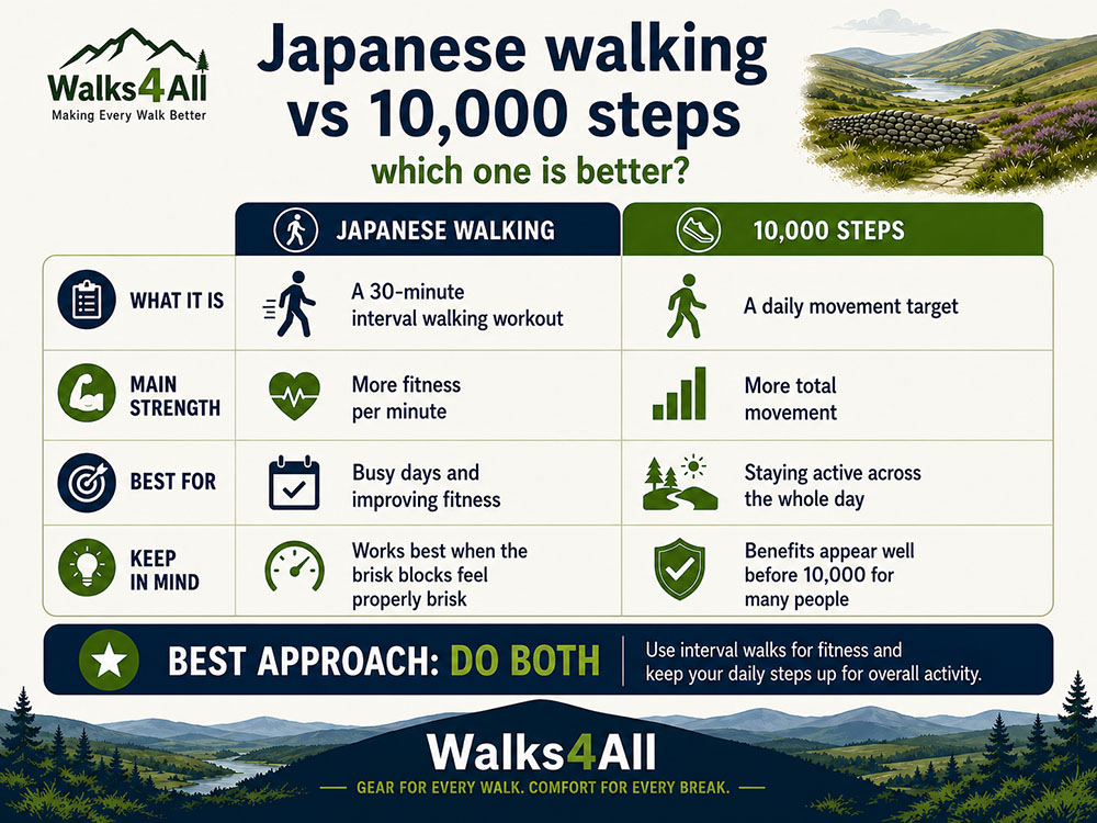 Comparison infographic showing Japanese walking as a 30-minute interval workout and 10,000 steps as a daily movement target, with the best approach being both.