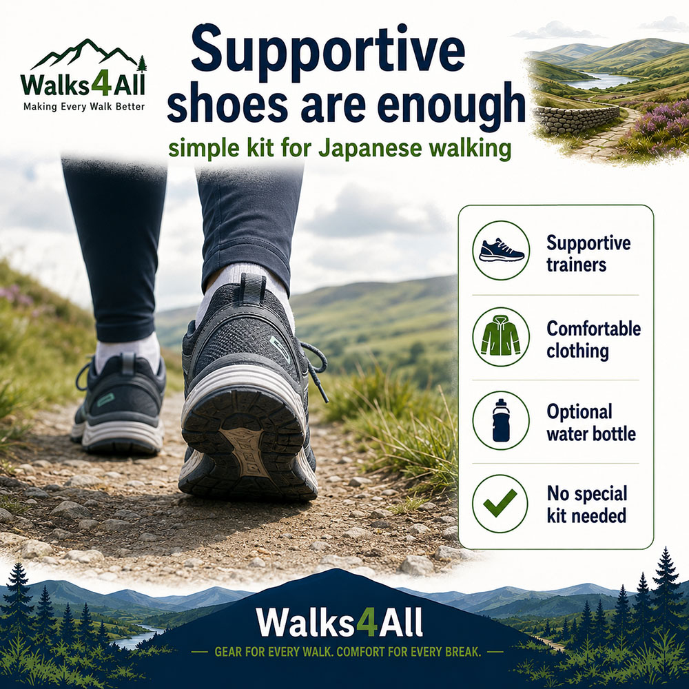 Close-up of supportive walking trainers on a trail, showing that Japanese walking needs simple kit rather than expensive equipment.