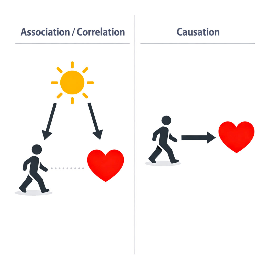 An image depciting association and correlation compared to causation