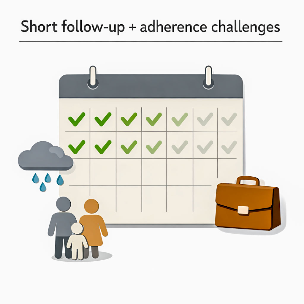 An image showing that follow-ups should be done and adherenece challenges in walking studies