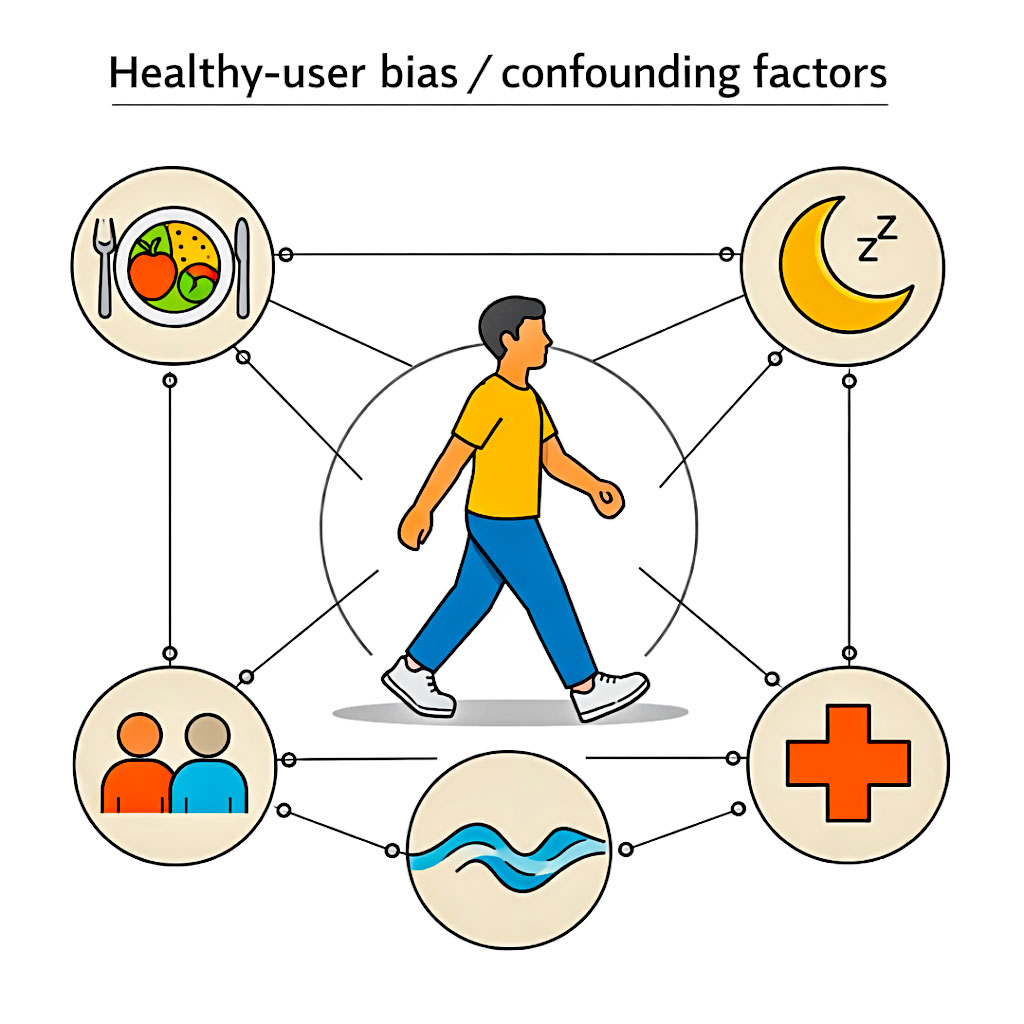 An image showing healthy user bias and confounding factors in walking studies