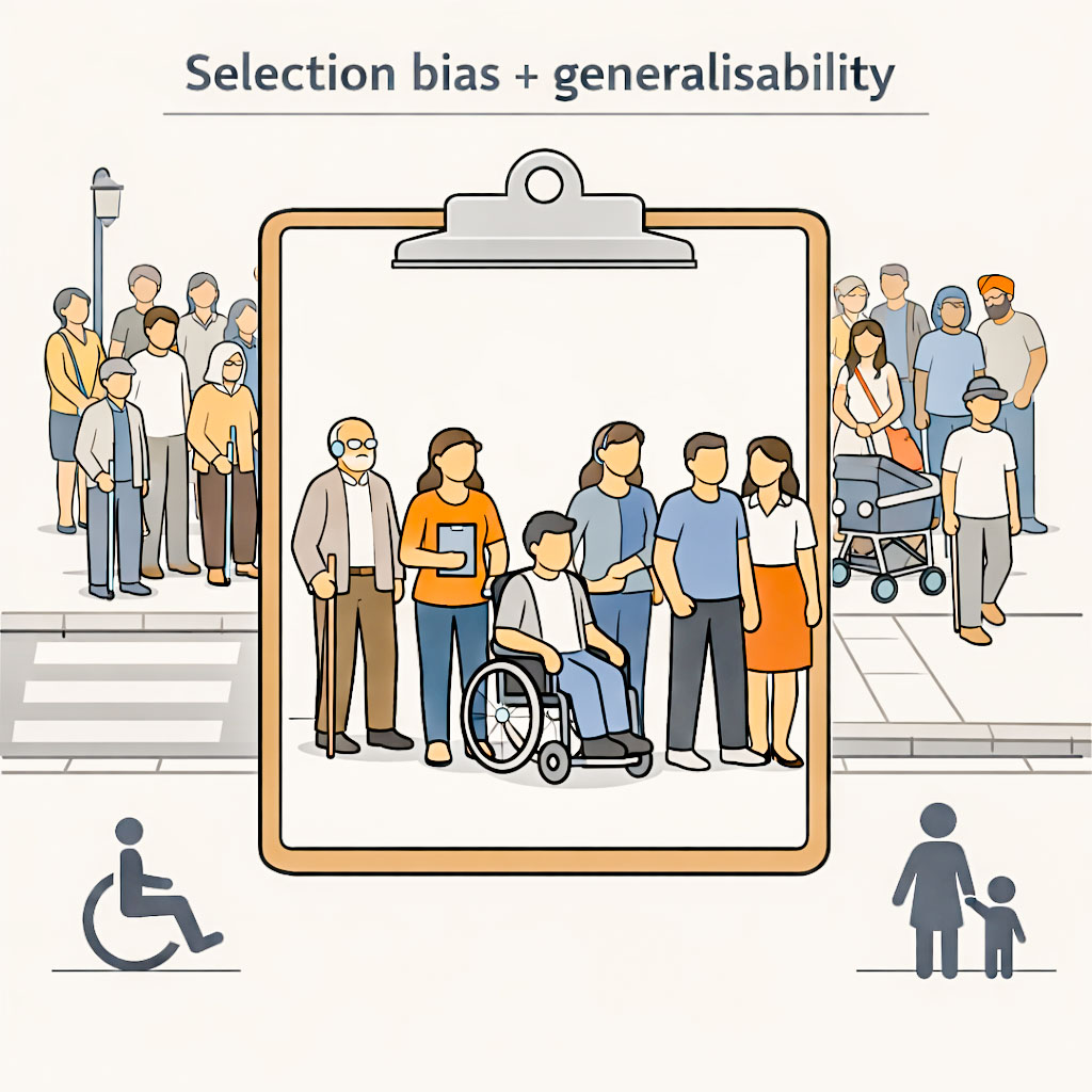 An image depicting selection bias and generalisation in walking studies