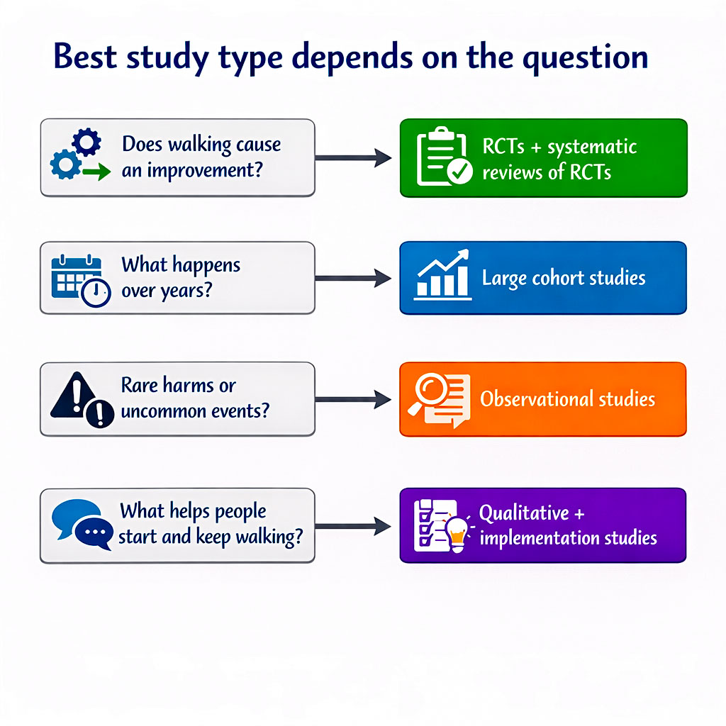 An image showing how the best walking study type depends on the question