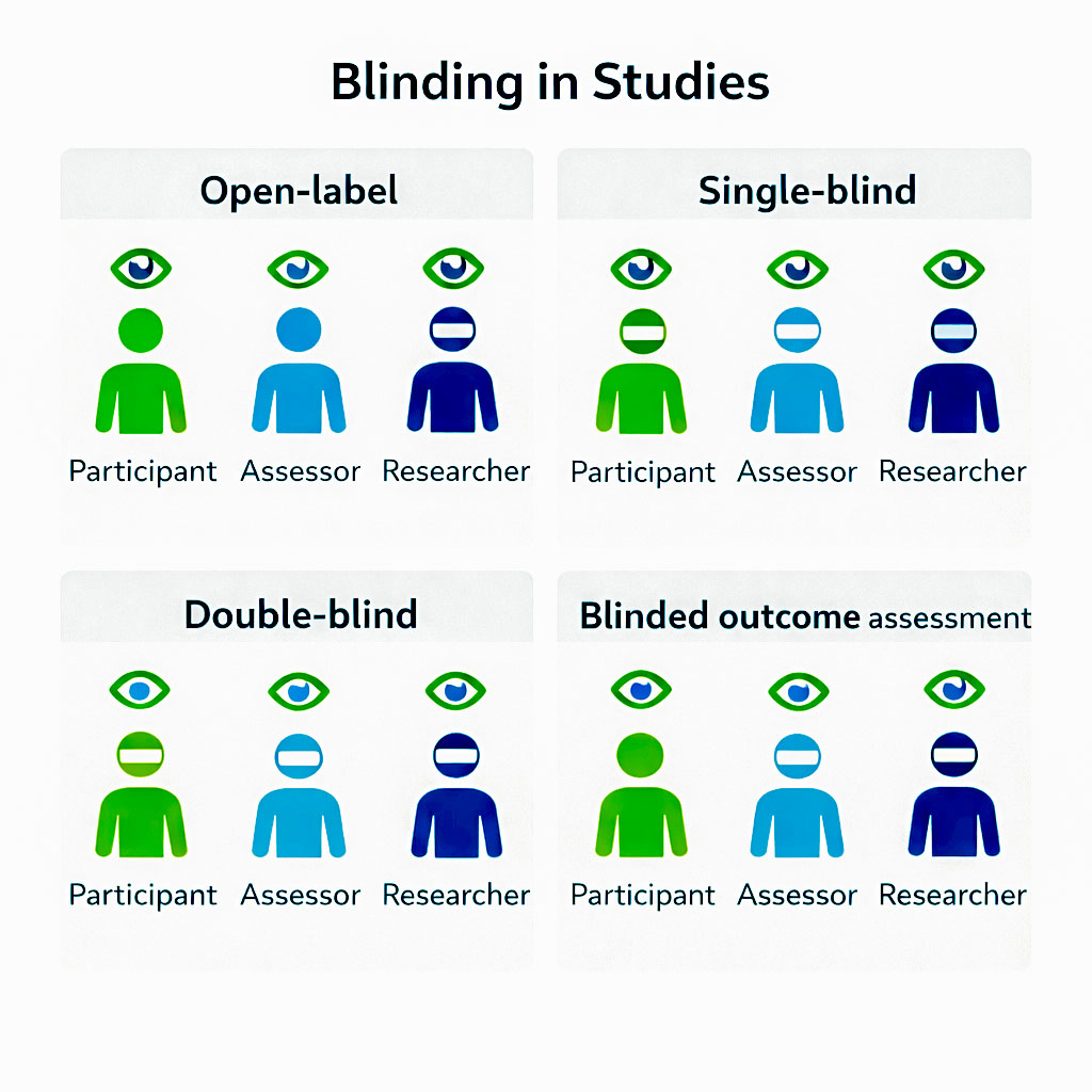 An image depicting blinded, single-blinded and double-blinded in studies