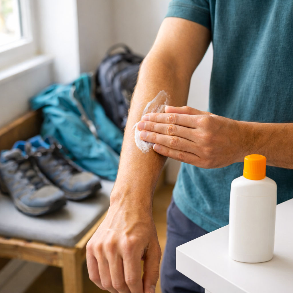 Close-up photo of a person applying sunscreen to their forearm before going for a walk, with walking gear nearby.