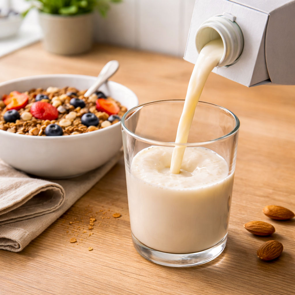 Photo of plant-based milk being poured into a glass beside cereal, showing fortified drinks as a vitamin D source.