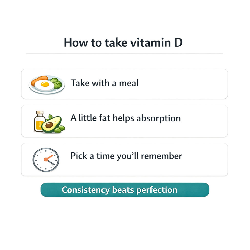 Infographic explaining how and when to take vitamin D supplements, including taking them with meals that contain fat.