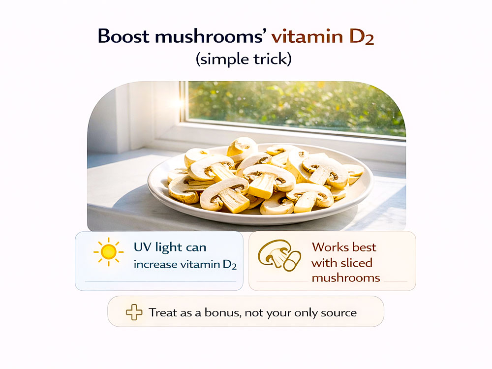Hybrid image showing sliced mushrooms on a sunny windowsill with tips on using UV light to increase vitamin D2 as a helpful bonus source.
