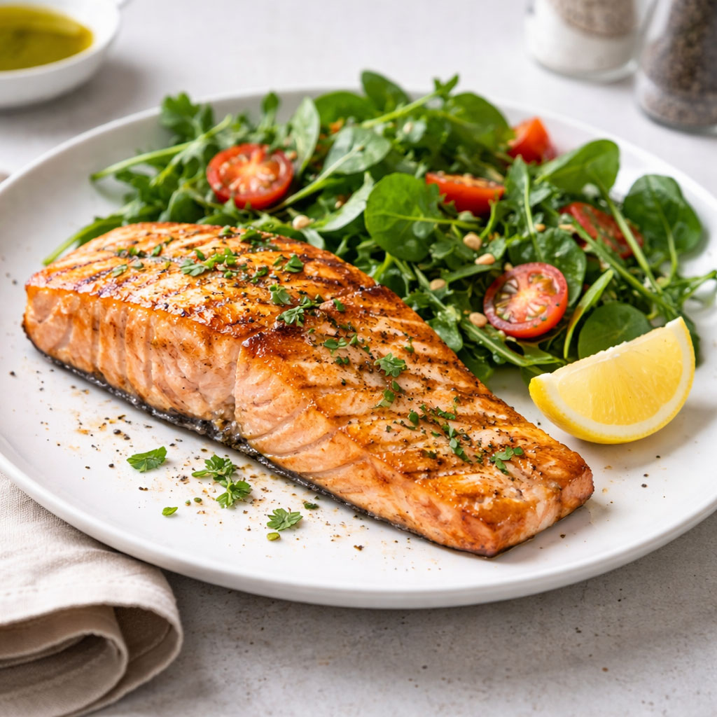 Photograph of grilled salmon with salad on a white plate, illustrating oily fish as a dietary source of vitamin D.