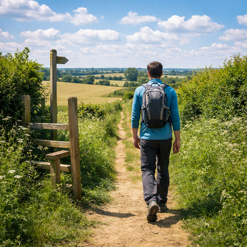 Photograph of a person walking on a UK countryside footpath in late spring or summer with bright daylight and green hedgerows.