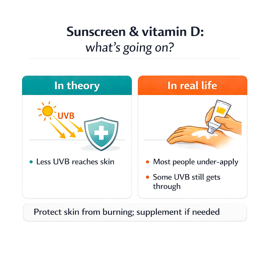Infographic explaining how sunscreen affects vitamin D production in theory and how real-life use often differs.