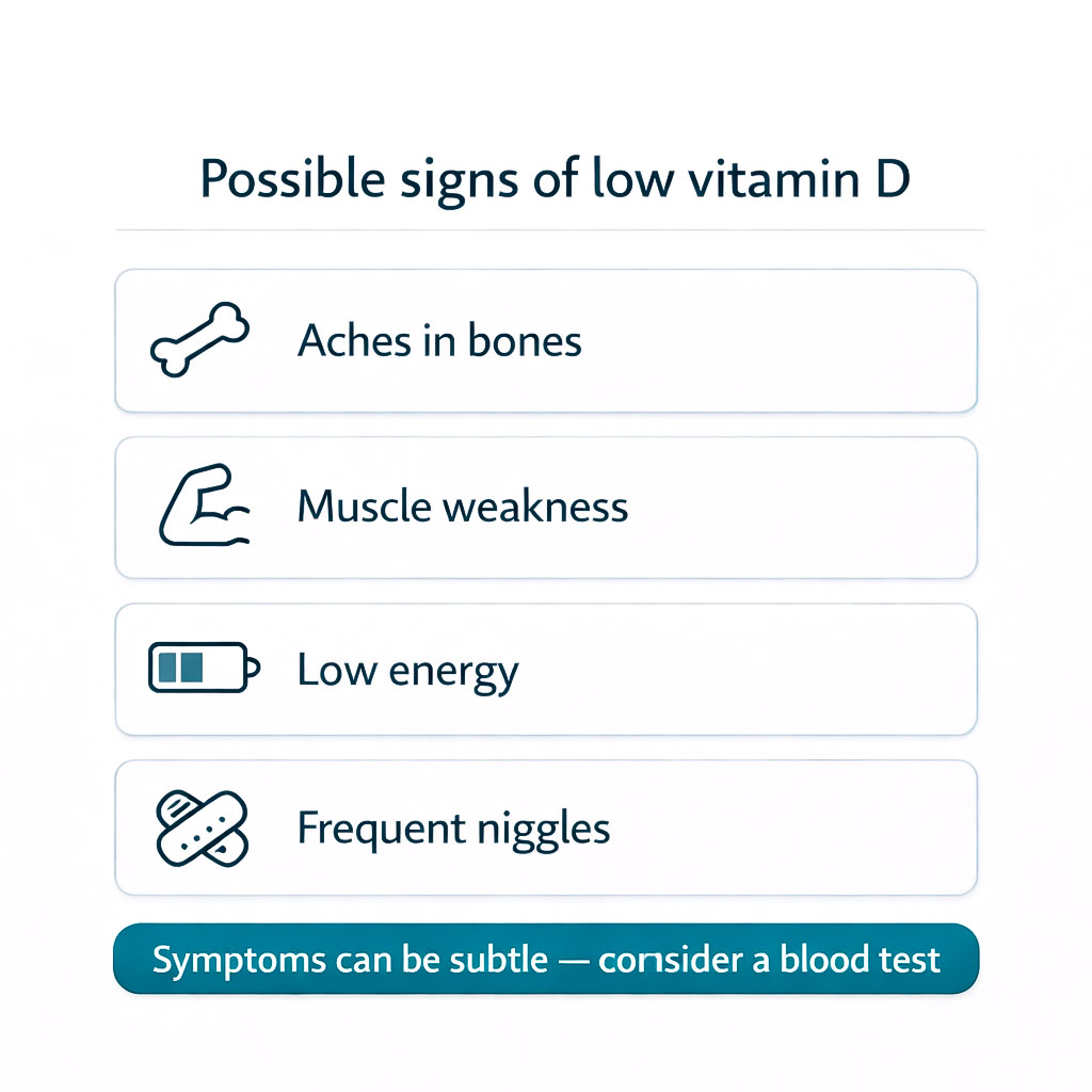 Infographic showing common but non-specific symptoms of low vitamin D such as bone aches, muscle weakness and low energy.