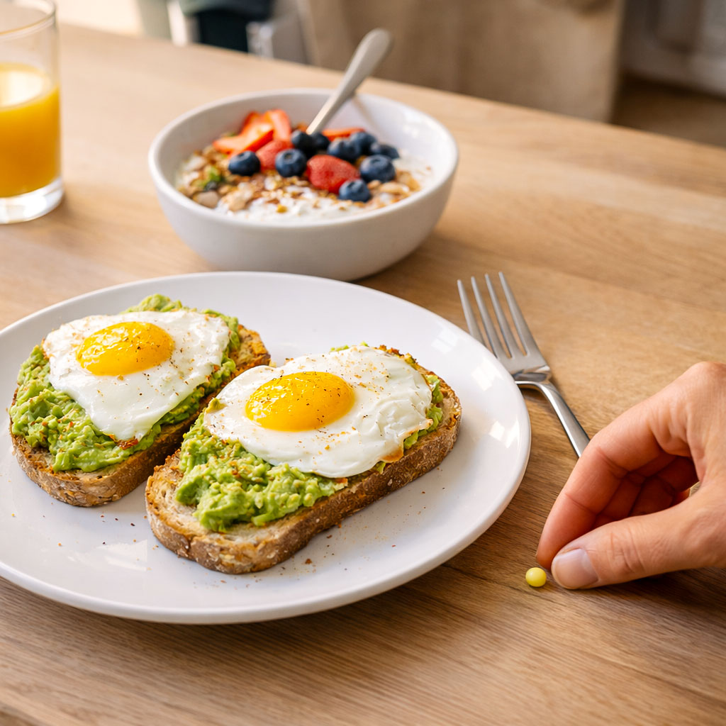 Photograph of a breakfast with eggs, avocado toast and yoghurt, showing vitamin D taken with food for better absorption.