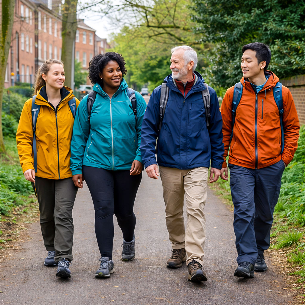 Photograph of a diverse group of adults walking along a UK urban greenway with trees and brick buildings.