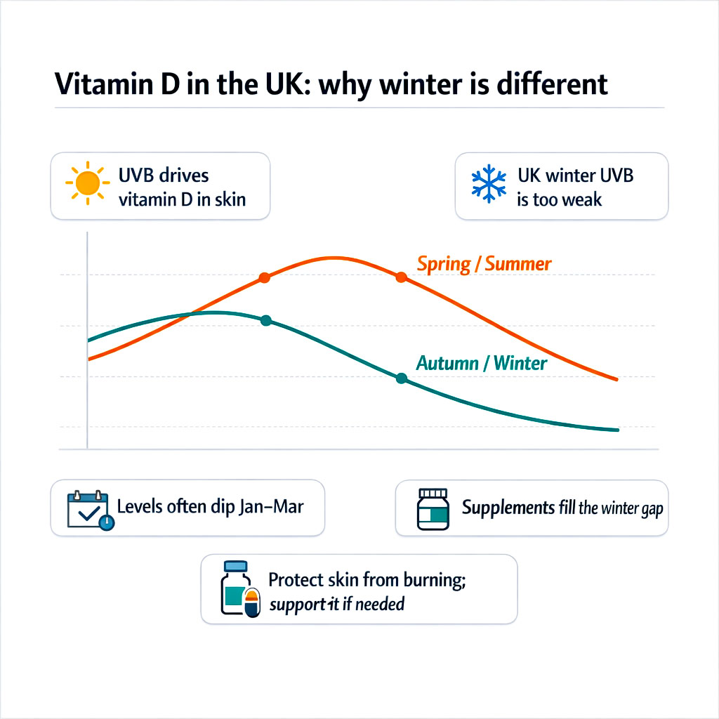 Infographic showing why vitamin D levels often fall in the UK during winter, even for regular walkers, and why supplements may be needed from October to March.