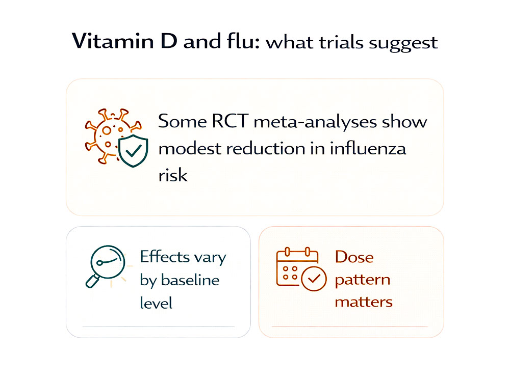Infographic summarising trial evidence that vitamin D may modestly reduce influenza risk, with notes that baseline levels and dose pattern matter.