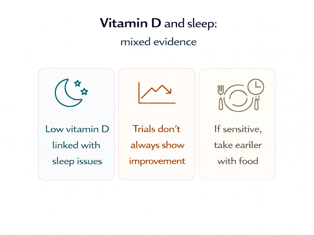 Infographic summarising mixed evidence linking vitamin D status and sleep, with practical advice to take supplements earlier with food if sensitive.