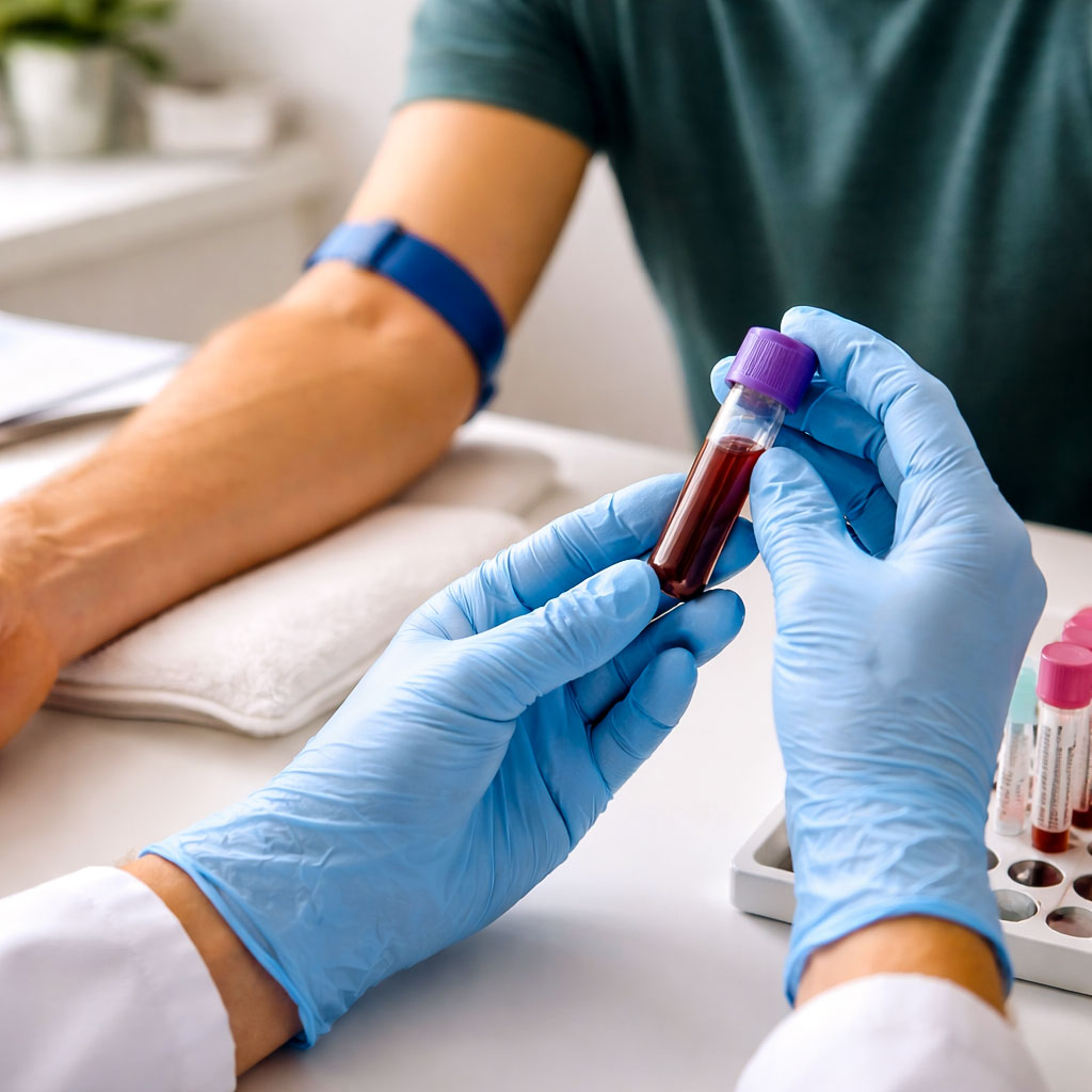 Close-up photograph of a clinician holding a blood sample vial during a vitamin D blood test in a neutral clinic setting.