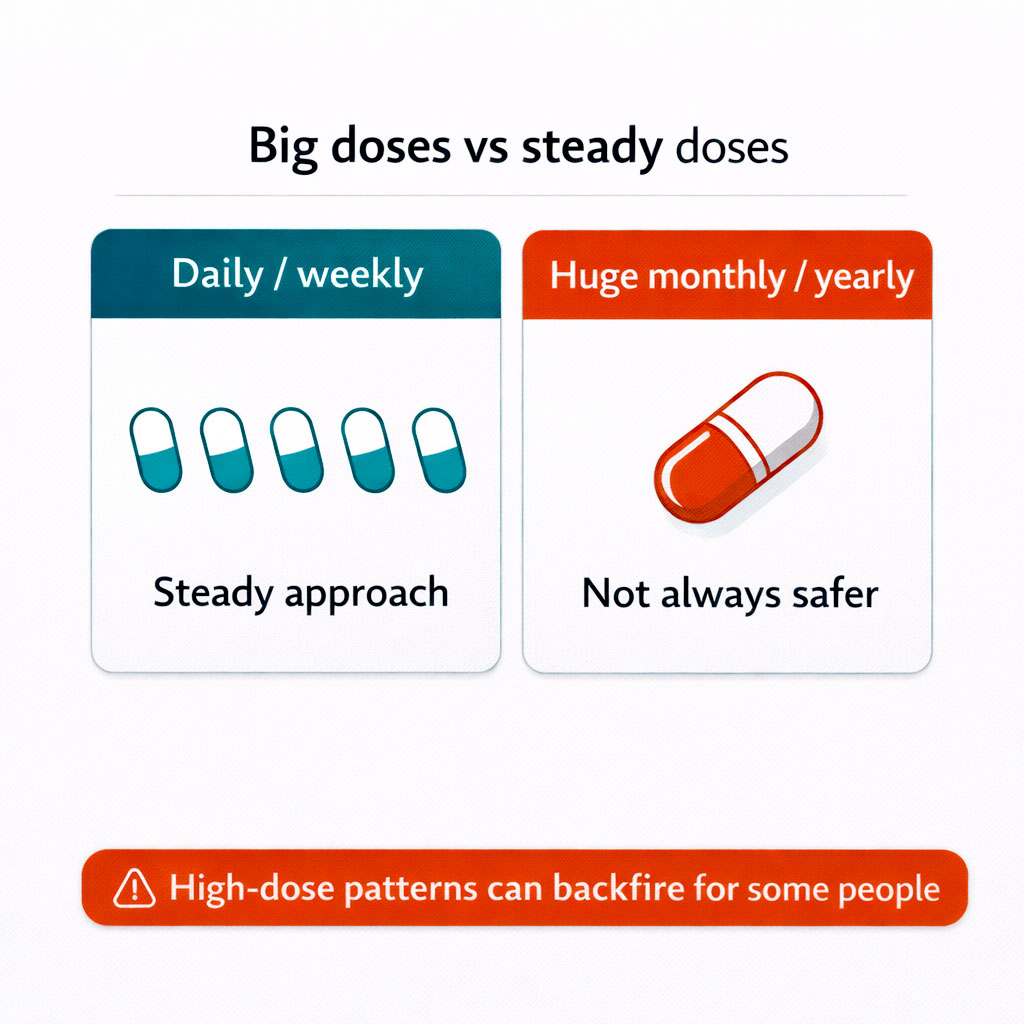 Infographic comparing steady daily or weekly vitamin D supplementation with large monthly or yearly doses.