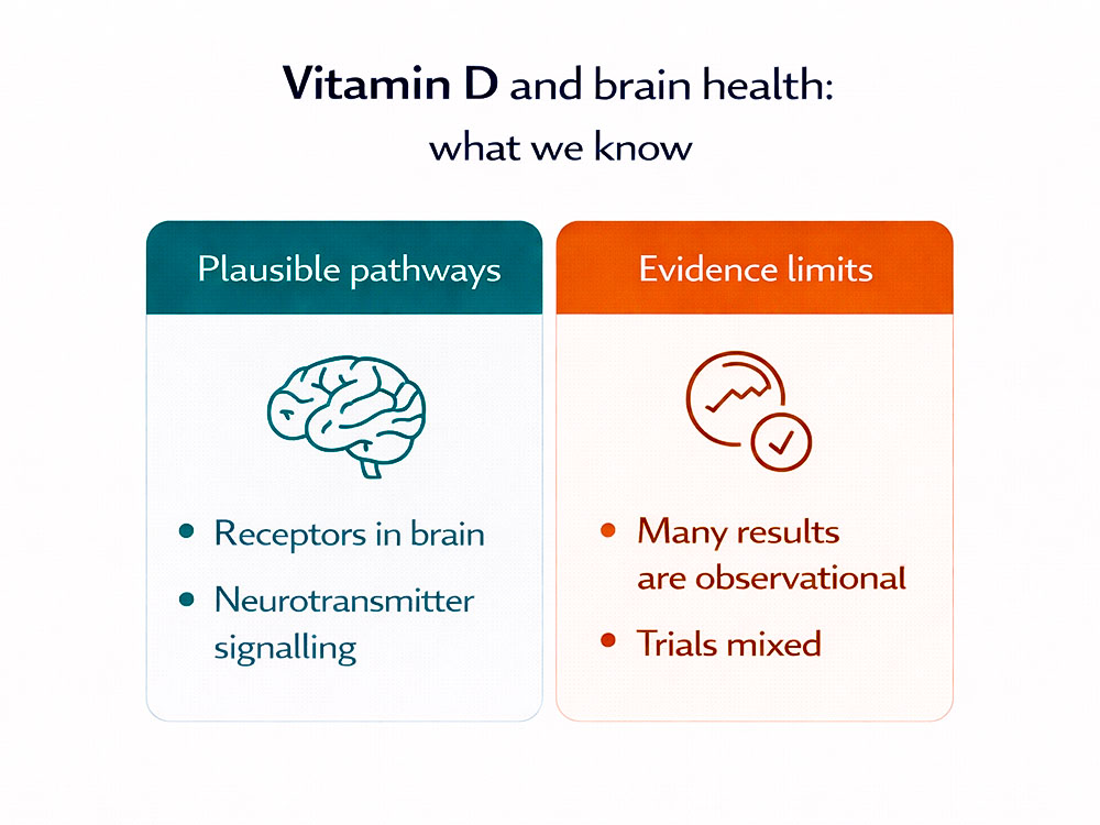 Balanced infographic showing plausible brain-related pathways for vitamin D alongside evidence limits, noting many findings are observational and trials are mixed.