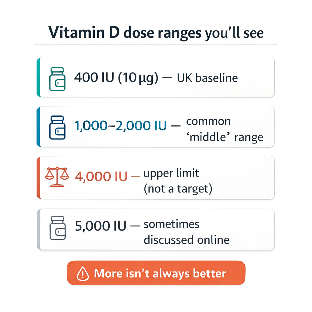 Infographic showing common vitamin D supplement dose ranges, from the UK baseline to higher intakes, with safety context.
