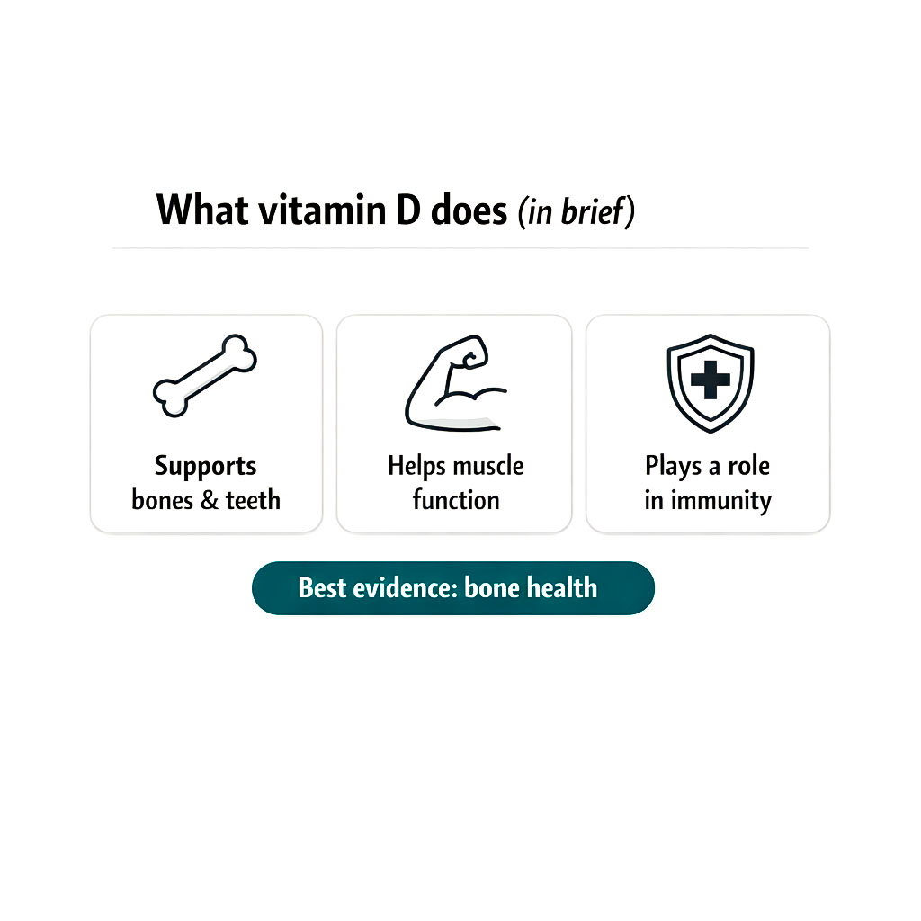 Infographic summarising the main health benefits of vitamin D, including support for bones, teeth, muscles and the immune system.