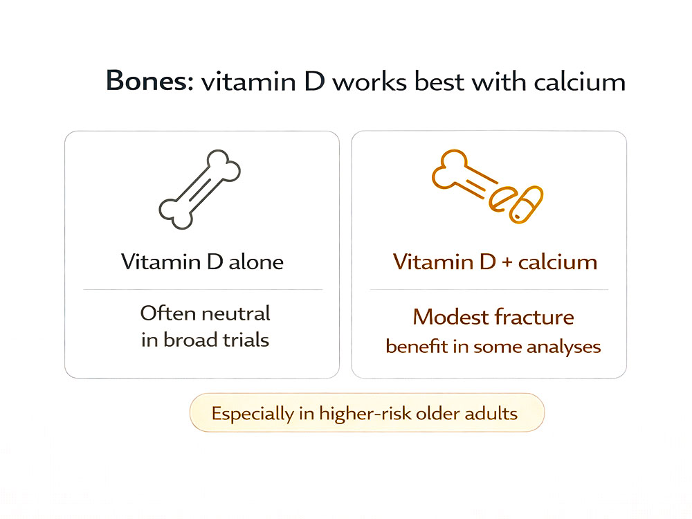 Infographic comparing vitamin D alone with vitamin D plus calcium, noting modest fracture risk reduction in some analyses, especially for higher-risk older adults.