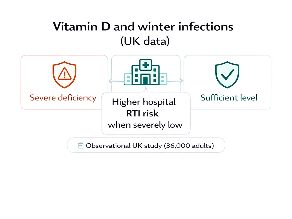 Infographic comparing severe vitamin D deficiency versus sufficient levels, highlighting higher hospital respiratory infection risk when levels are severely low in UK data.