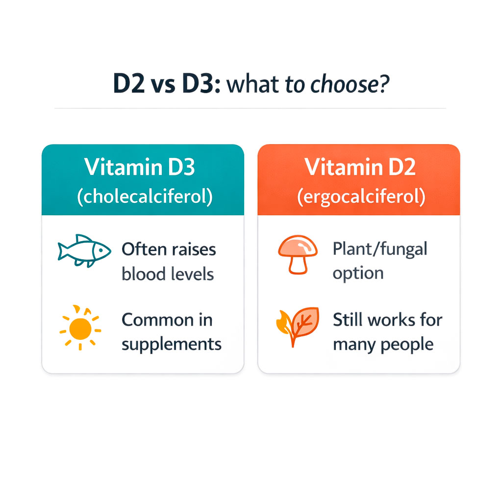 Side-by-side infographic comparing vitamin D2 and vitamin D3 supplements, including absorption and common use.