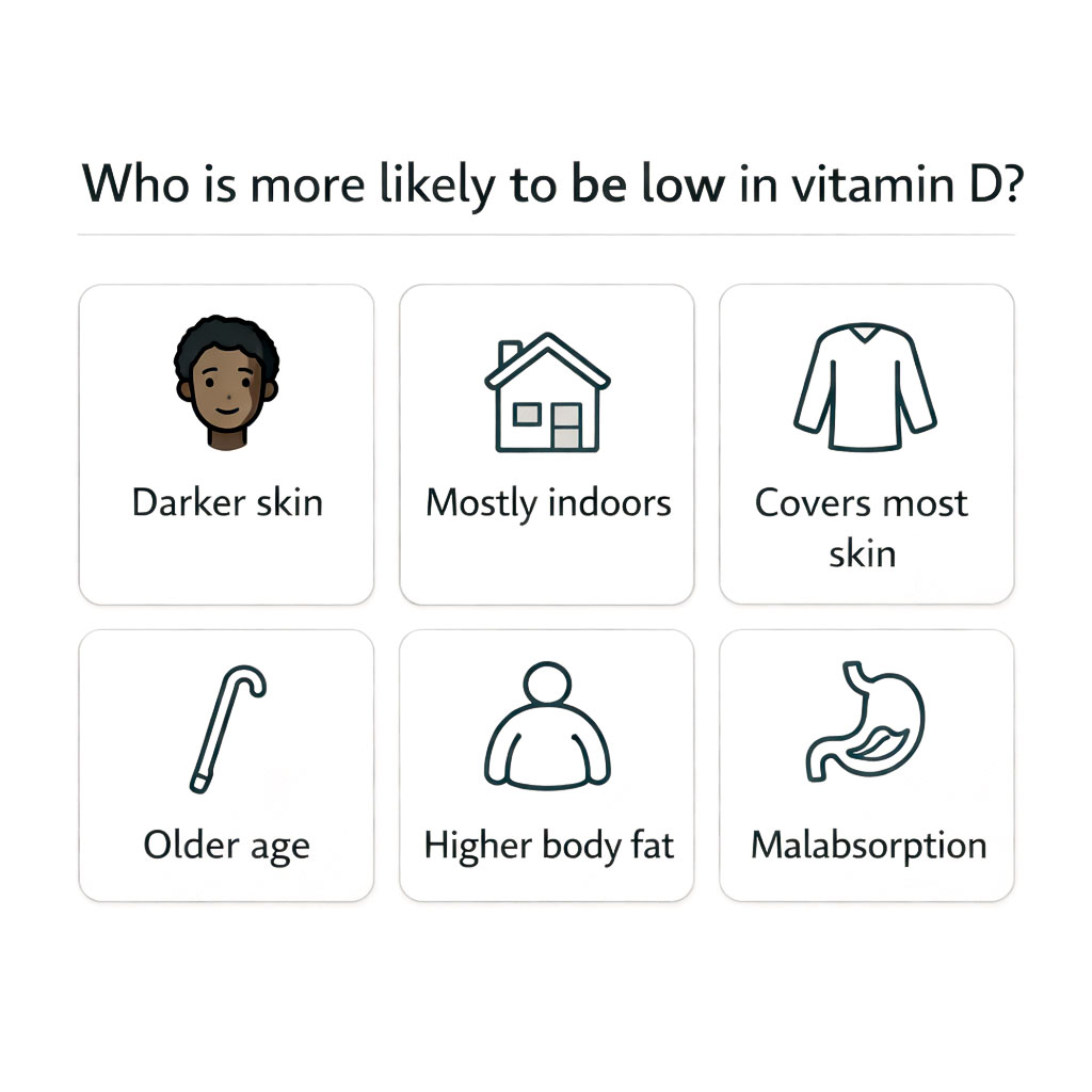 Infographic highlighting groups more likely to have low vitamin D levels, including darker skin, older age and limited sun exposure.
