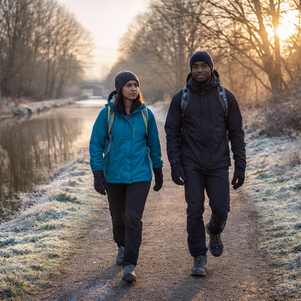 Photograph of two people walking along a frosty UK canal path in winter, illustrating outdoor activity during low sunlight months.
